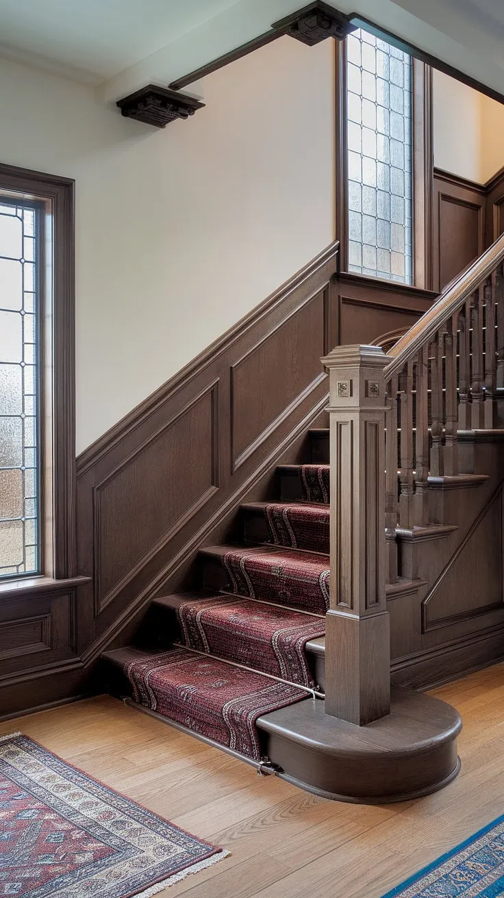 The elegant interplay of light and dark wood in this staircase design is breathtaking.  The rich stair paneling and wainscoting, complemented by the intricate wall molding and patterned glass windows, create a truly captivating stairway.