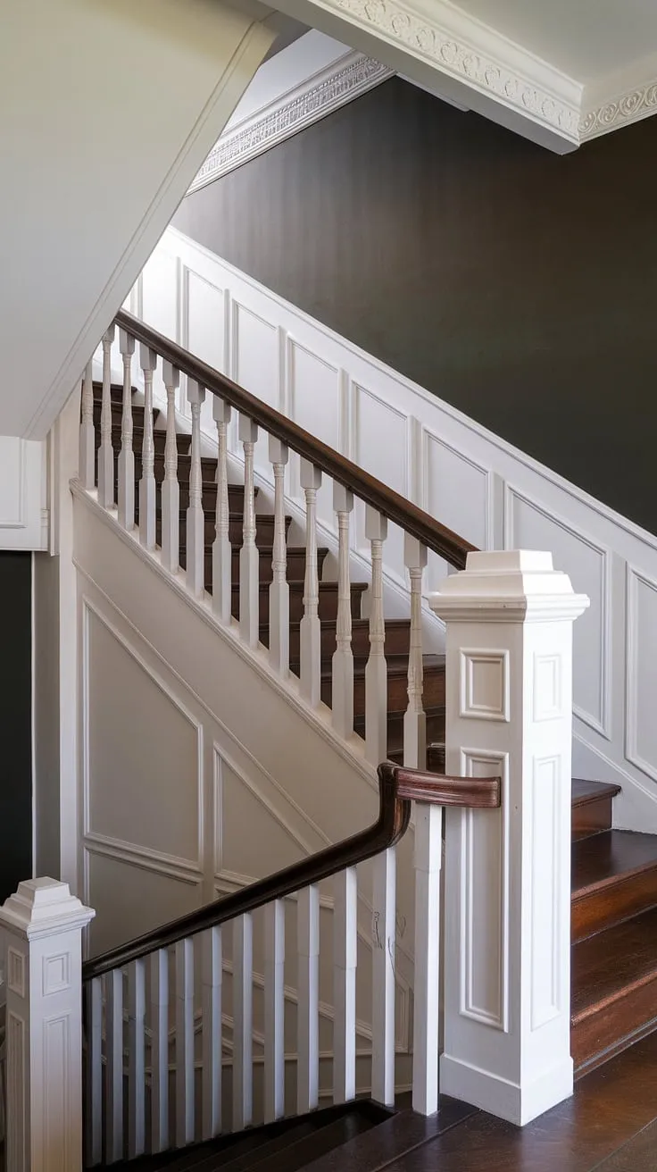A testament to timeless elegance, this staircase design showcases exquisite craftsmanship.  Note the beautiful interplay of light and dark on the staircase wall, highlighted by the rich stair paneling and detailed wainscoting. The carefully chosen wall molding completes this breathtaking architectural feature.