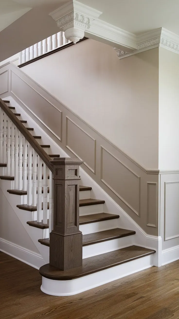 Classic elegance defined.  The intricate stairway wainscoting and detailed wall molding create a timeless staircase design, showcasing the perfect blend of light and dark wood tones.  The stair paneling adds a touch of sophistication to this stunning staircase wall.
