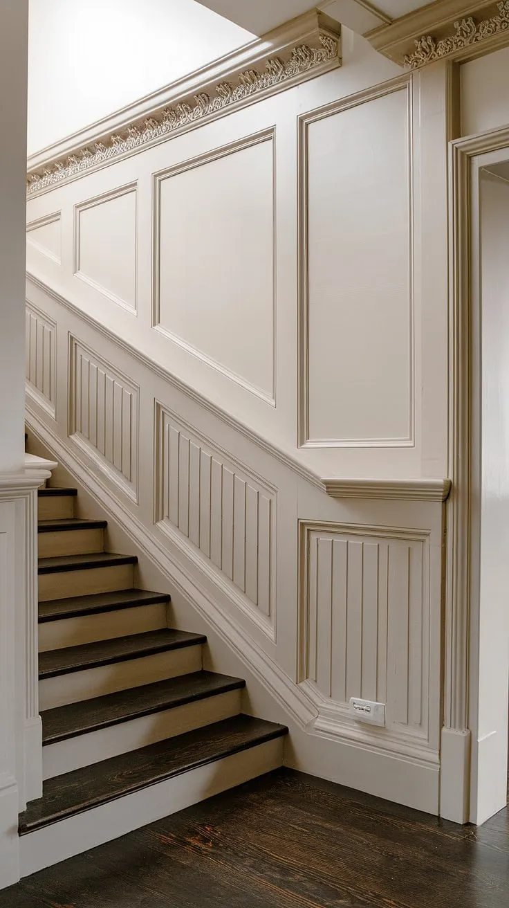 This staircase design is a masterpiece of detail.  The rich, dark wood of the stairs beautifully complements the crisp white wainscoting and stair paneling on the staircase wall.  The subtle wall molding adds a touch of classic elegance, making this a truly captivating space.