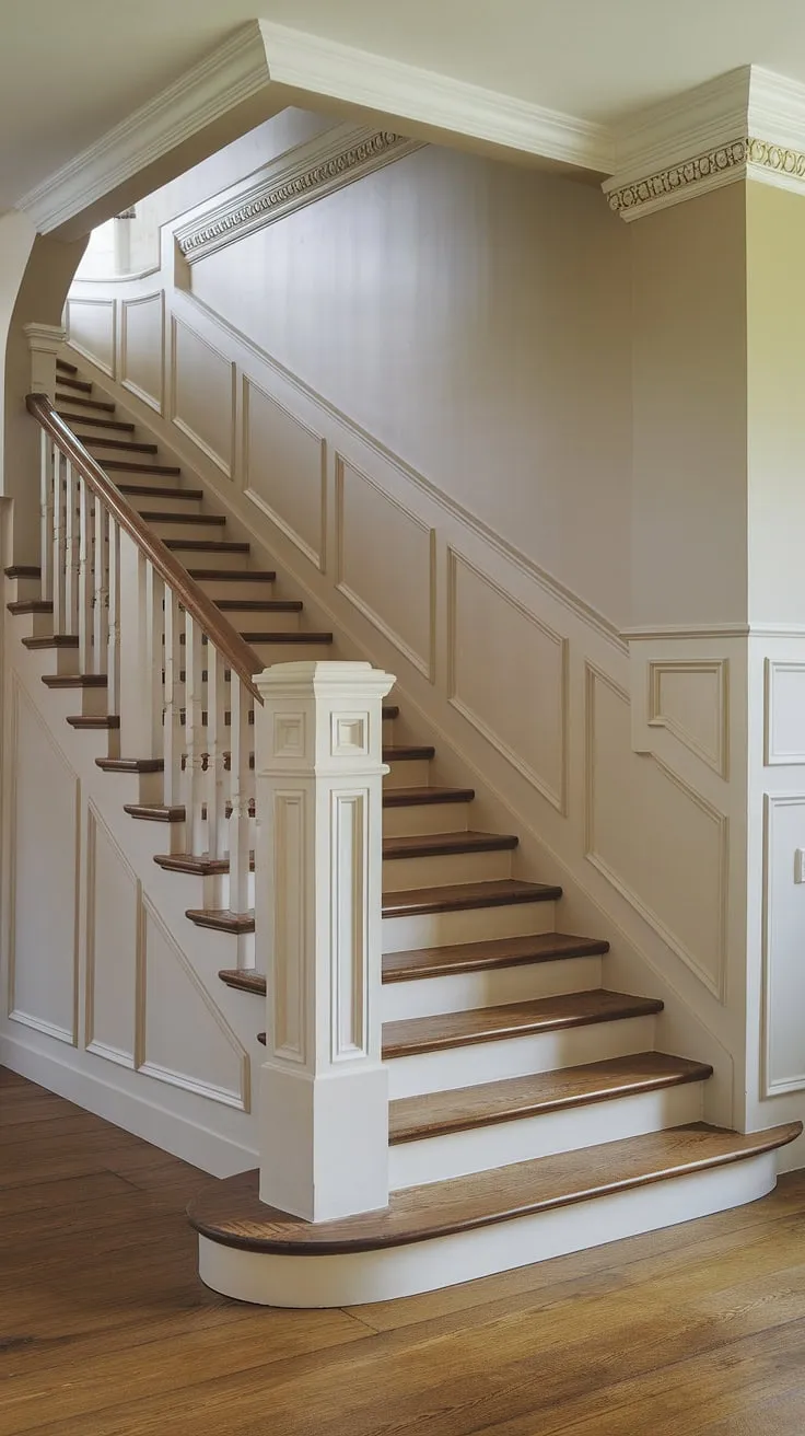 This stunning staircase design features exquisite wainscoting that extends to the ceiling on one staircase wall, highlighting the beautiful stair paneling and wall molding. The rich wood and meticulous detail of the stairway wainscoting create a truly captivating atmosphere.
