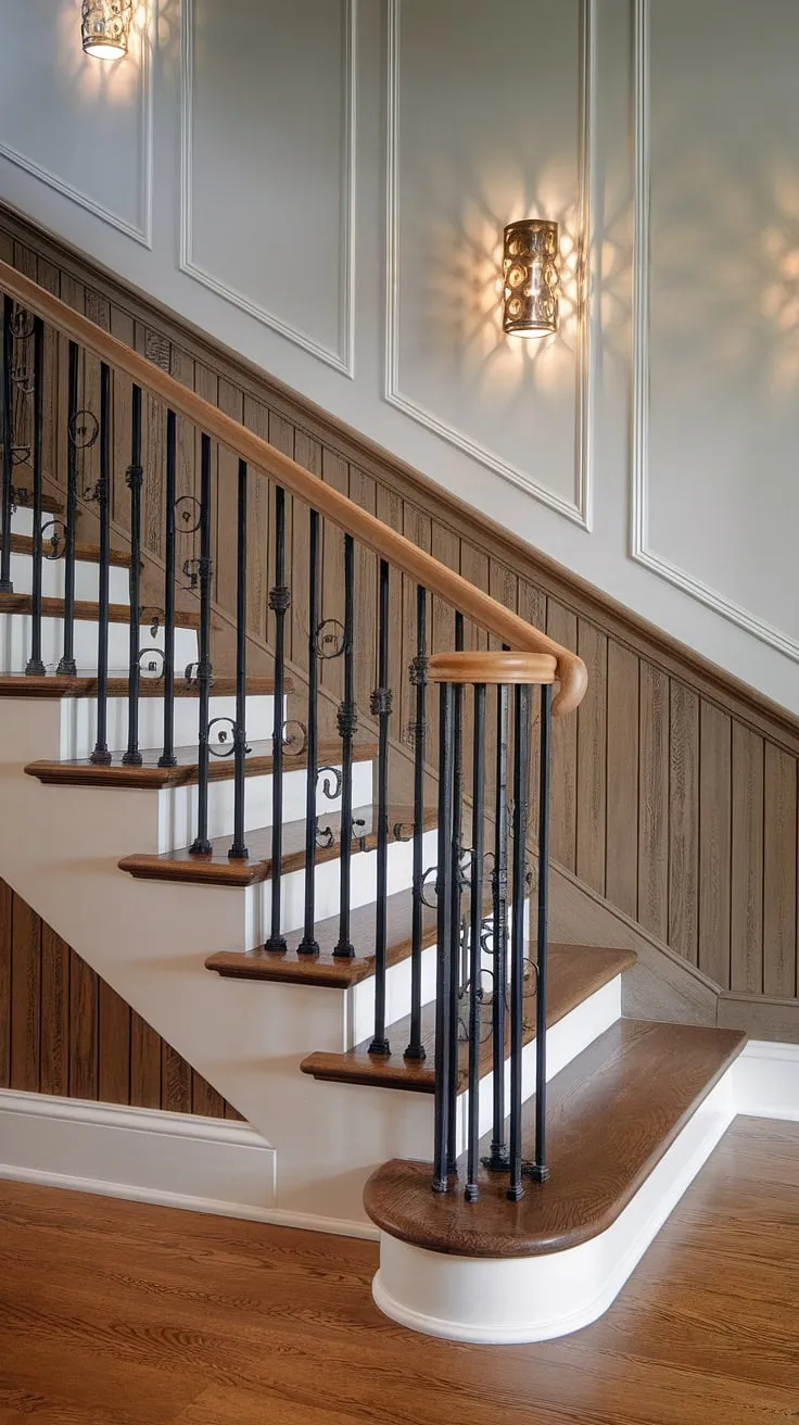 The elegant stairway wainscoting and intricate stair paneling create a stunning focal point, showcasing exquisite staircase design.  The rich wood tones of the wall molding and hardwood floor complement the detailed metal railing, a testament to timeless craftsmanship.