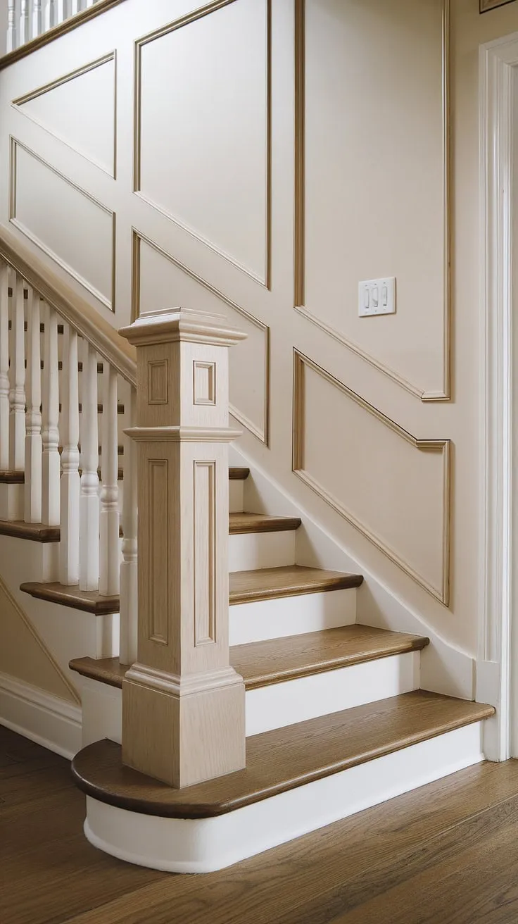 This staircase design showcases the beauty of wainscoting, its light wood tones contrasting beautifully against the darker wood floor.  The stair paneling on the staircase wall, complete with delicate wall molding, elevates the space with timeless elegance.  A simple light switch adds a touch of practicality to this stunning feature.