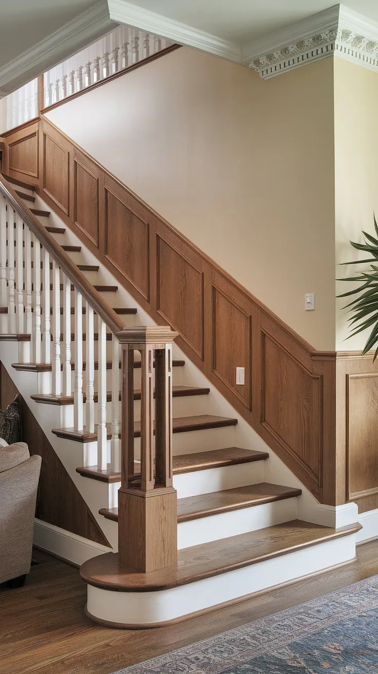 This staircase design is a masterpiece of detail, showcasing exquisite stairway wainscoting and stair paneling. The carefully chosen wall molding adds a touch of classic elegance, while the warm wood of the staircase wall creates a welcoming ambiance.  A plush rug completes the scene, perfectly showcasing this stunning home feature.