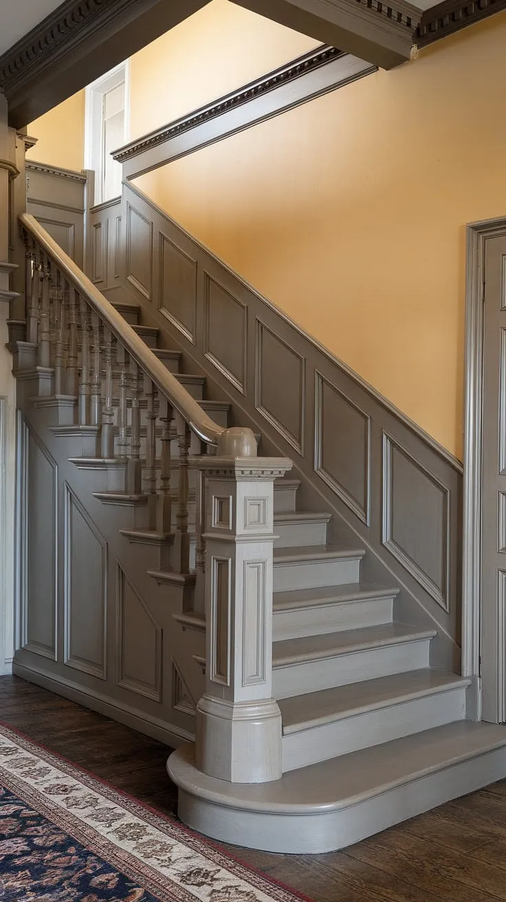 This staircase design is a testament to classic elegance.  The rich wood of the stair paneling and wainscoting, complemented by the detailed wall molding, creates a sophisticated atmosphere.  The upper portion of the staircase wall offers a subtle contrast, enhancing the overall impact of this beautiful and functional stairway.
