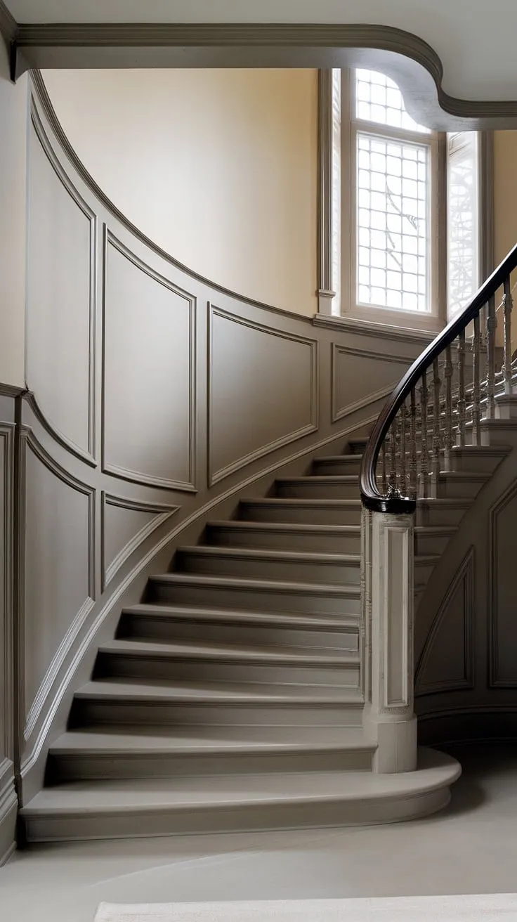 The elegant curve of this stairway wainscoting, complemented by the rich contrast of the stair paneling and the darker upper walls, creates a truly stunning staircase design.  The intricate wall molding and carefully chosen wainscoting elevate this space to a level of refined sophistication.
