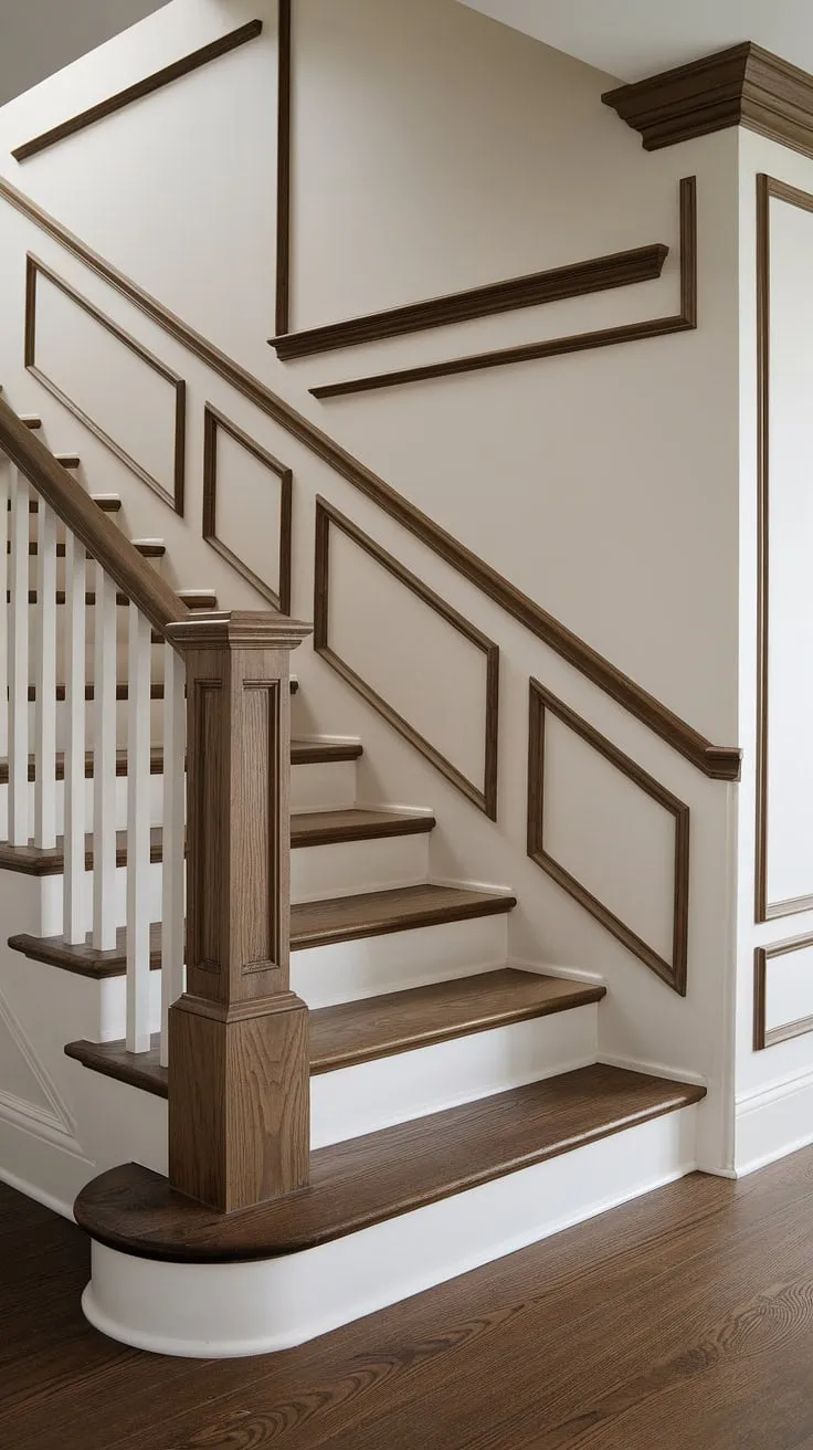 The warmth of the wood, the elegance of the stairway wainscoting, and the intricate detail of the wall molding combine to create a truly captivating staircase design.  The rich dark wood floors and stair paneling perfectly complement the crisp white staircase wall, showcasing a masterful blend of rustic charm and refined style.
