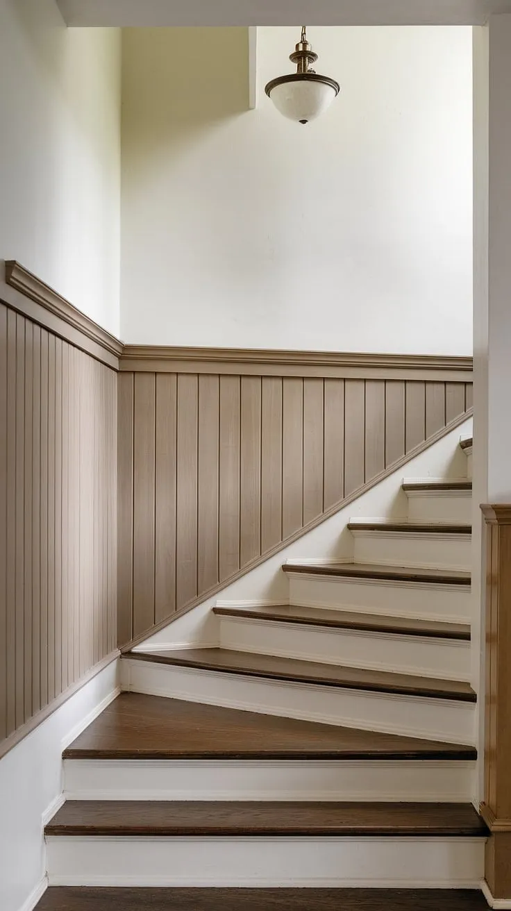 The elegant stairway wainscoting, a beautiful blend of light brown stair paneling and crisp white paint, creates a stunning focal point.  The staircase wall's design, complete with subtle wall molding, elevates this staircase design to a new level of sophistication.