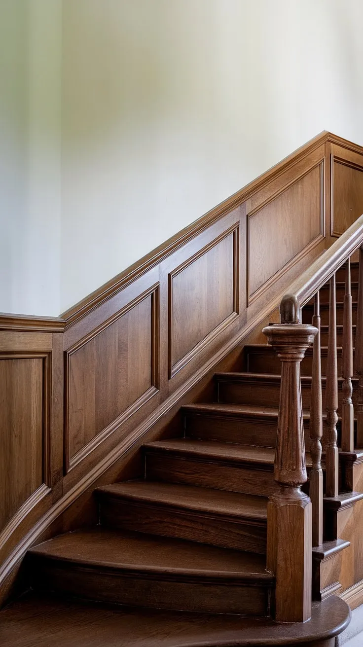 This stairway wainscoting is a masterclass in detail. The rich wood of the stair paneling contrasts beautifully with the crisp white of the staircase wall above, showcasing the artistry of the wall molding and overall staircase design.  The wainscoting adds a touch of classic elegance to this stunning space.
