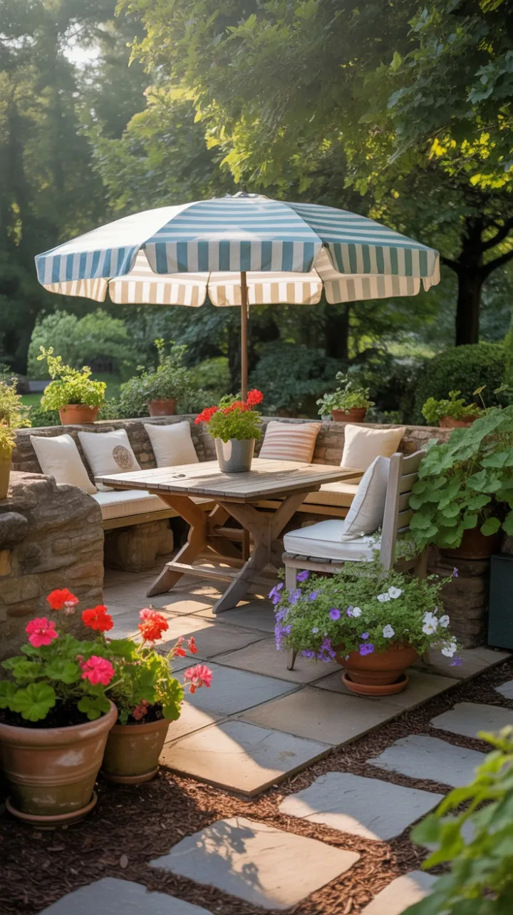 Golden-Hour Garden Retreat with Striped Umbrella and Blooming Geraniums