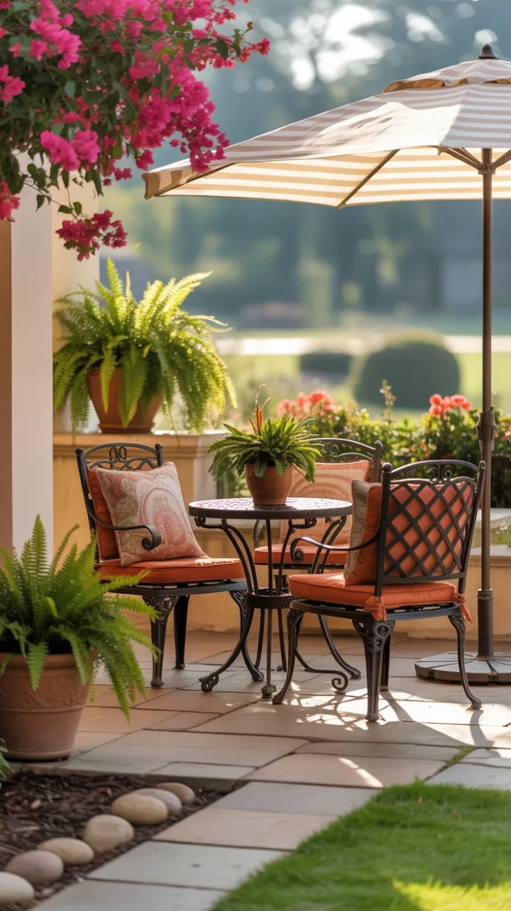 Sunlit Stone Patio Retreat with Terracotta Bistro and Cascading Bougainvillea