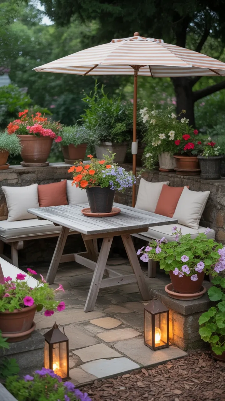 Lantern-Lit Stone Patio Wrapped in a Blooming Garden