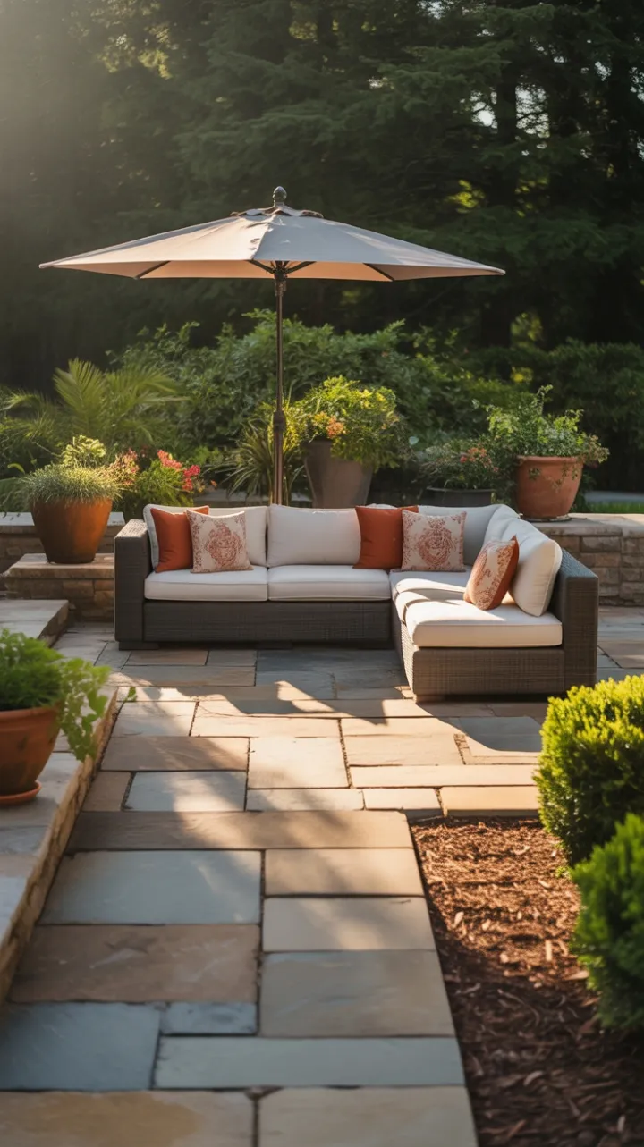 Sunlit Stone Retreat – Plush Sectional and Terracotta Garden Oasis