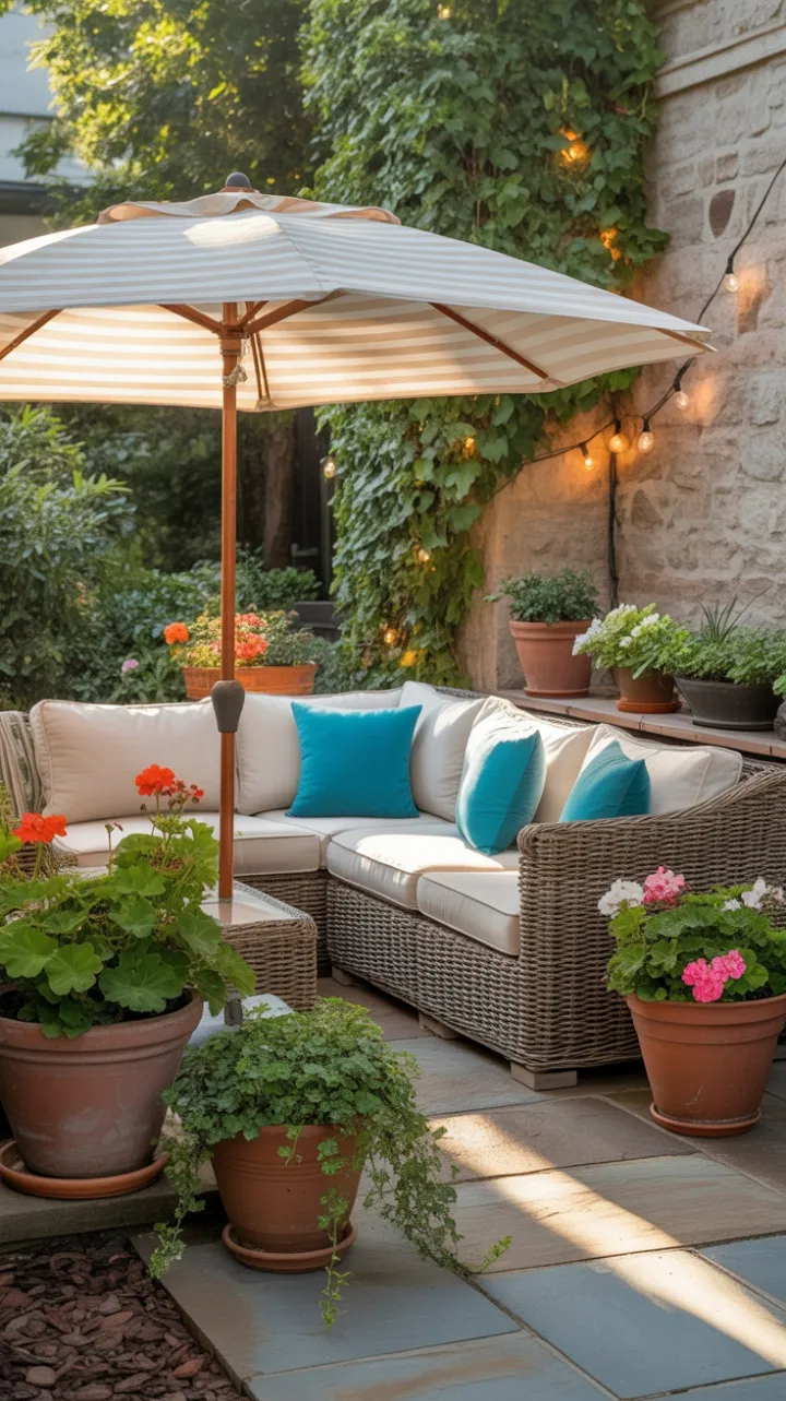 Golden Afternoon Patio Retreat with Cozy Wicker and Turquoise Accents