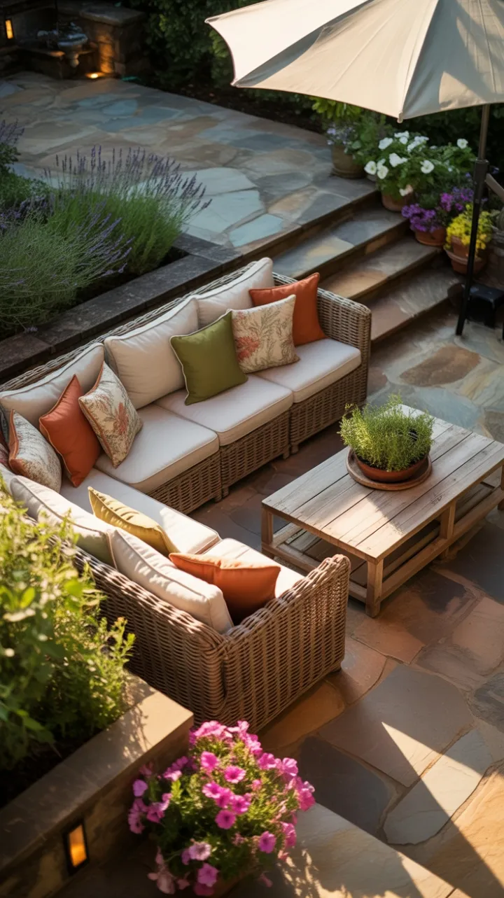 Late Afternoon Glow on a Tranquil Lavender-Lined Stone Patio