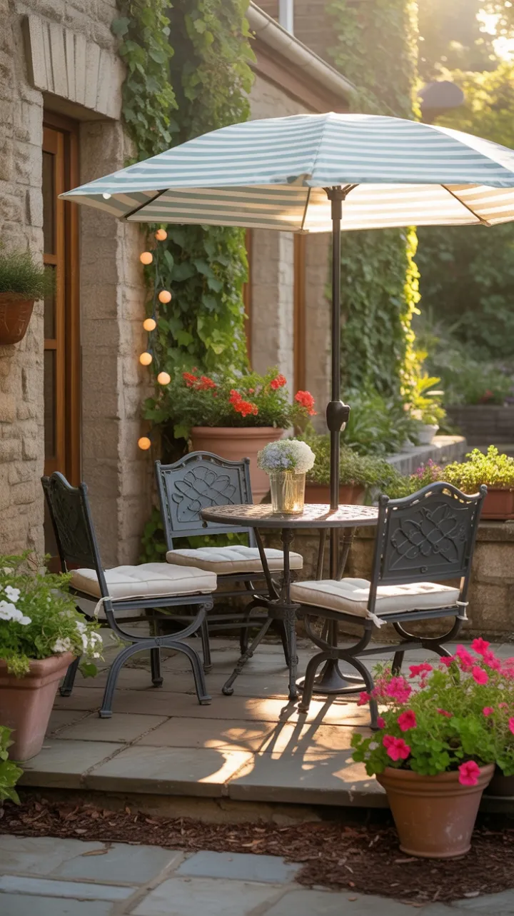 Sunlit Stone Bistro Retreat with Ivy, Petunias, and Twinkling Lights