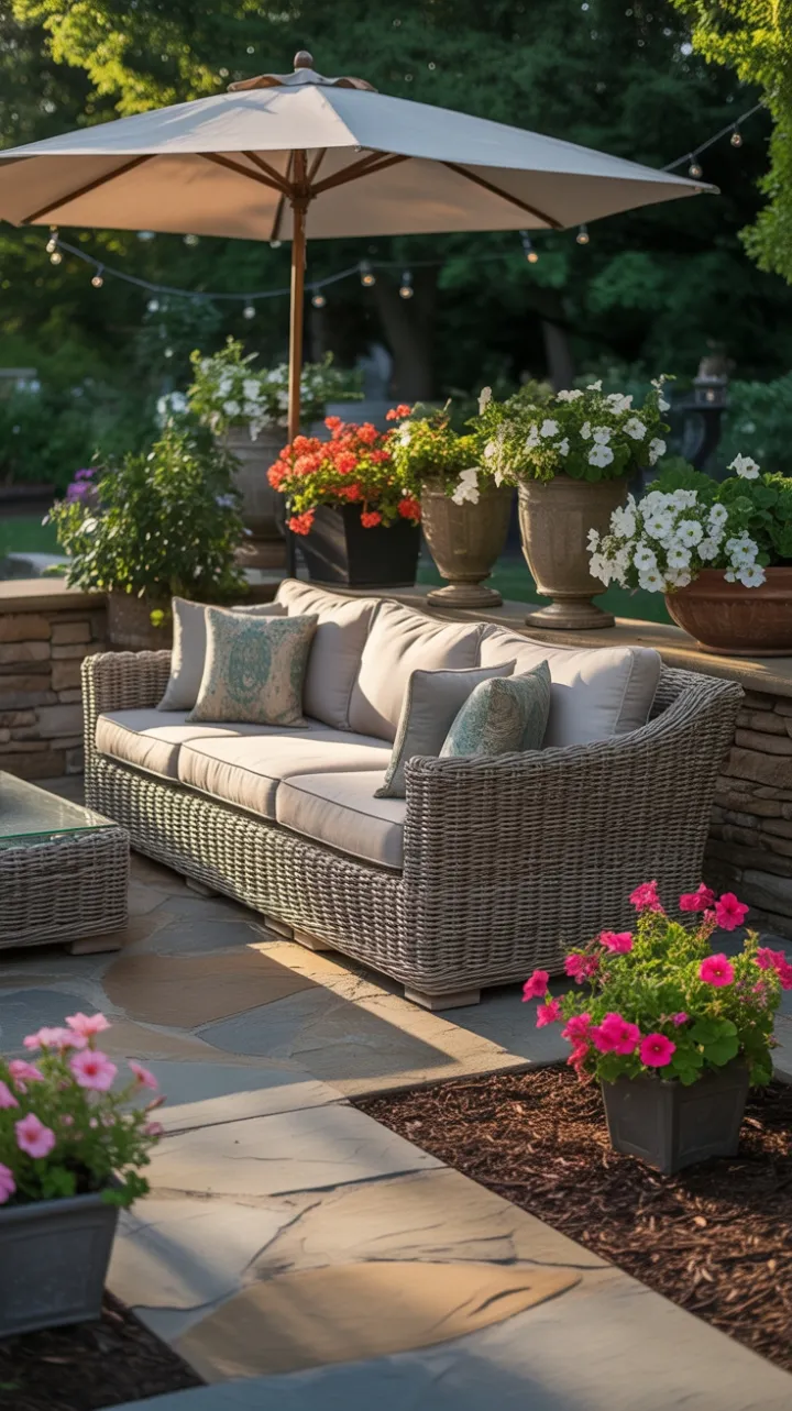 Late Afternoon Garden Sanctuary with Plush Wicker Sofa