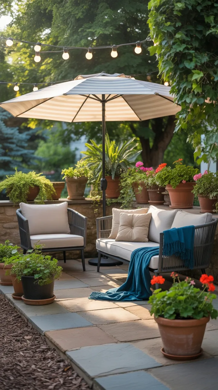 Cozy Golden-Hour Patio Oasis with Plush Seating and String Lights