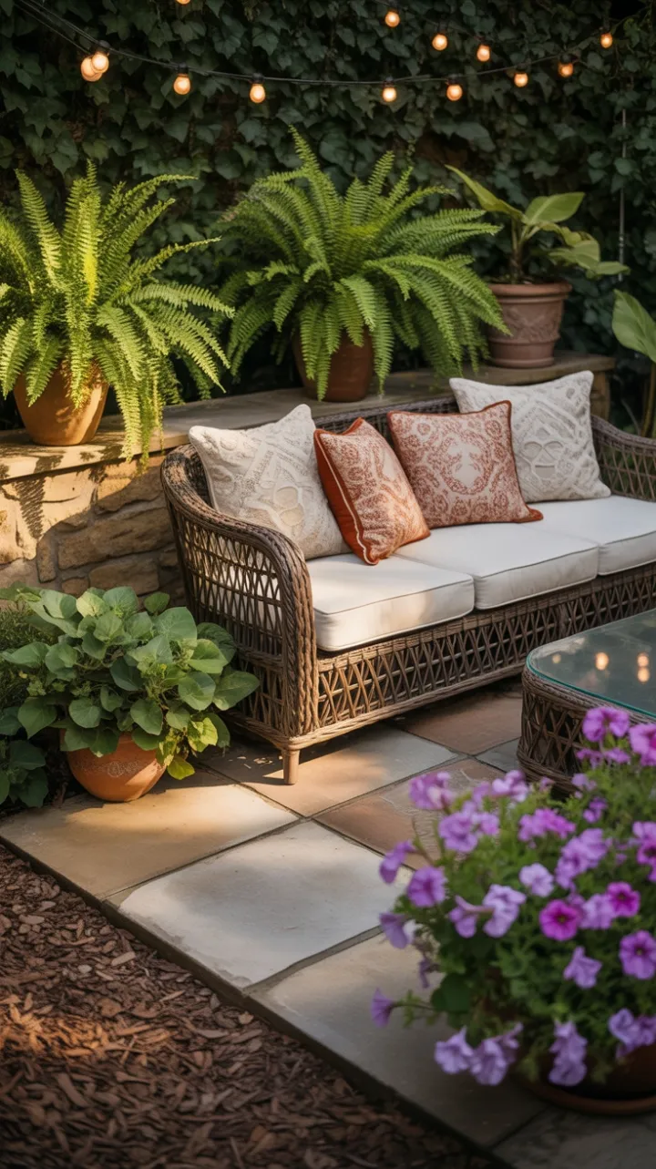 Golden-Hour Patio Retreat with Woven Rattan Comfort and Blooming Petunias