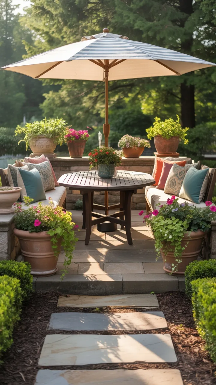 Sunlit Teak Patio Oasis with Blooming Petunias