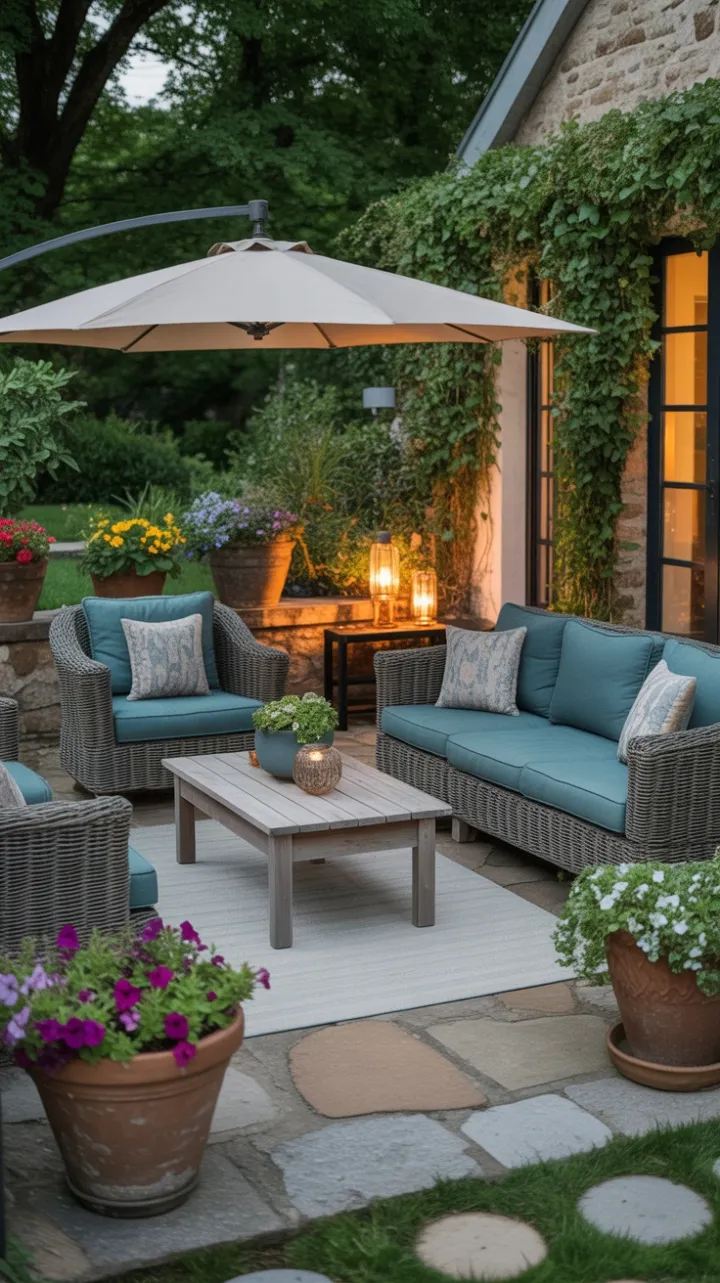 Lantern-Lit Stone Patio: Teal Cushions, Woven Comfort, Garden Path