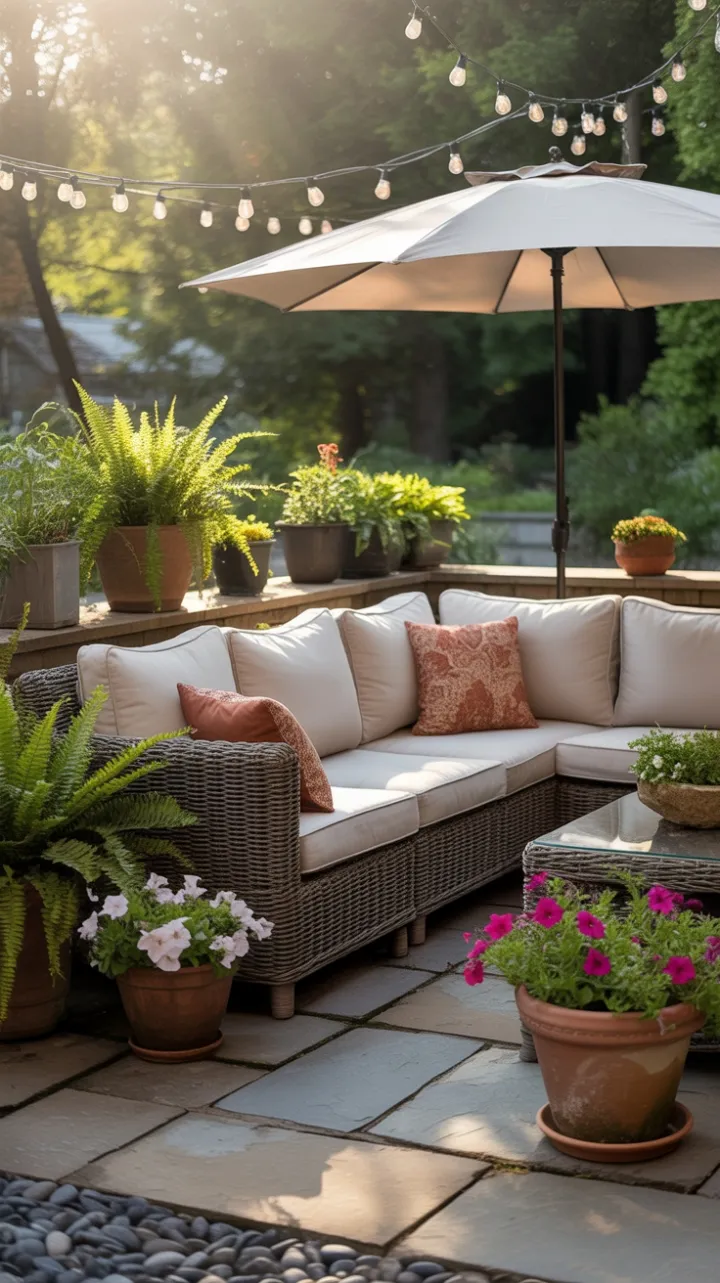 Golden-Hour Stone Patio with Cozy Wicker Sectional