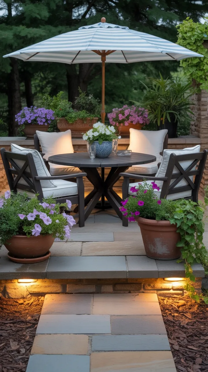 Cozy Stone Patio with Blue-Striped Umbrella and Blooming Petunias
