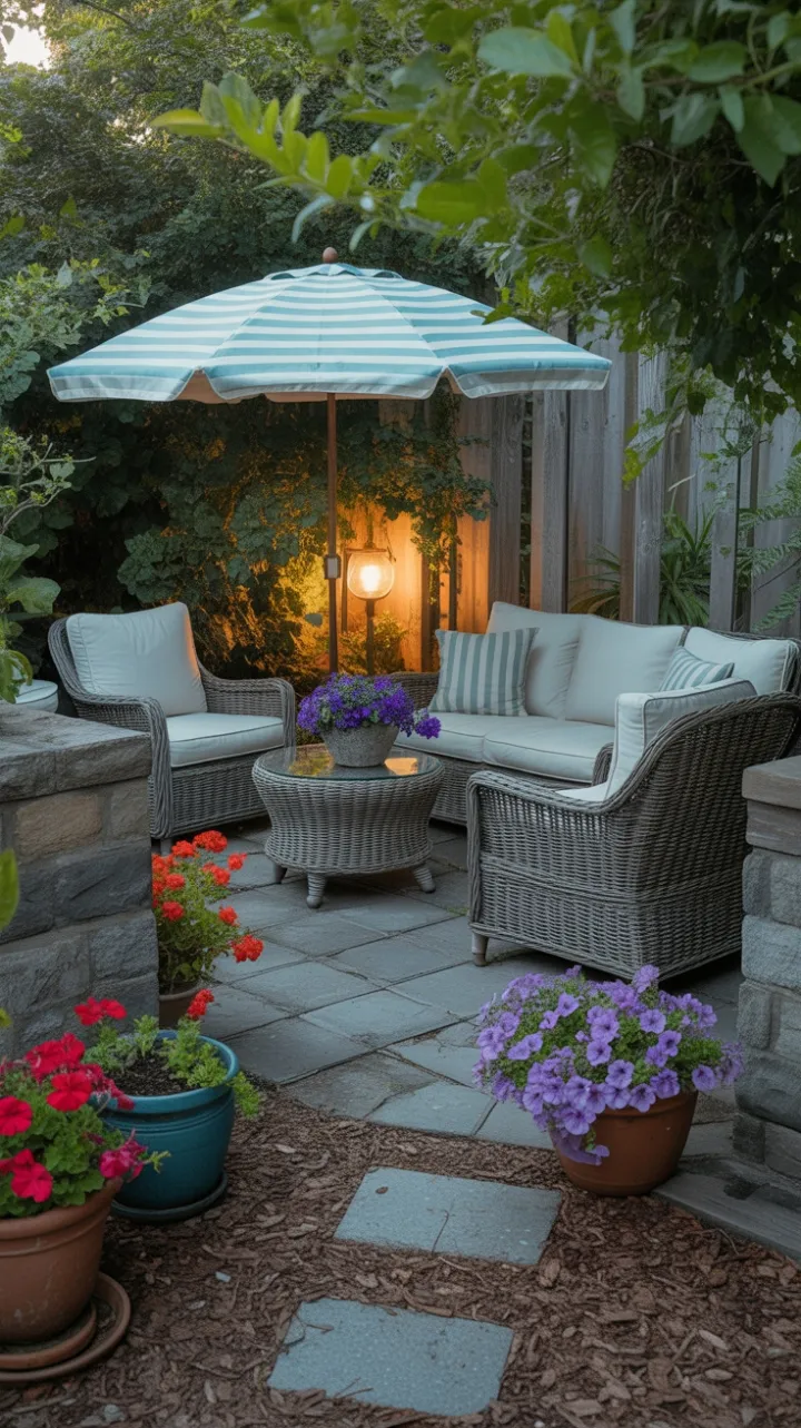 Sunlit Stone Patio Retreat with Wicker Seating and Blooming Pots