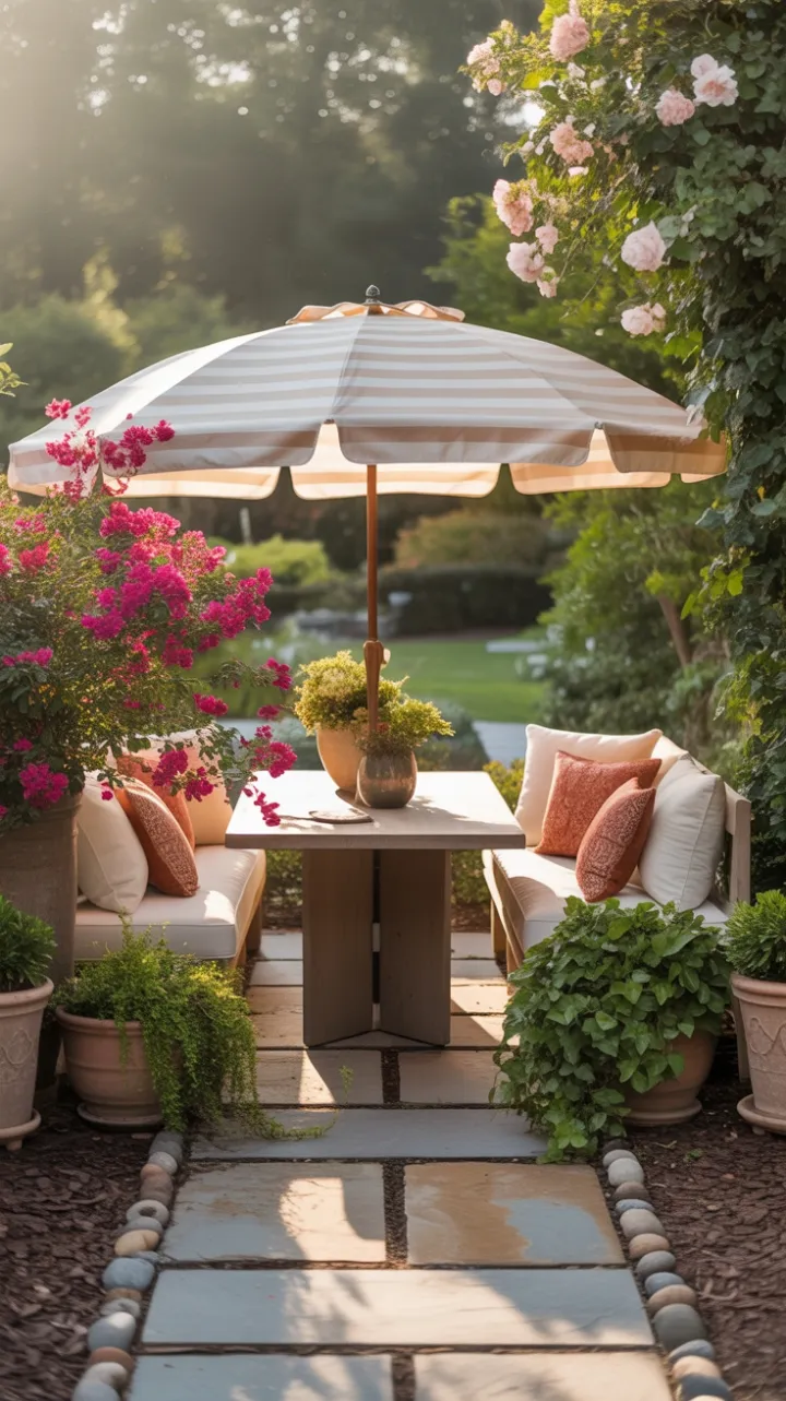 Sunlit Teak Retreat Draped in Bougainvillea Bliss