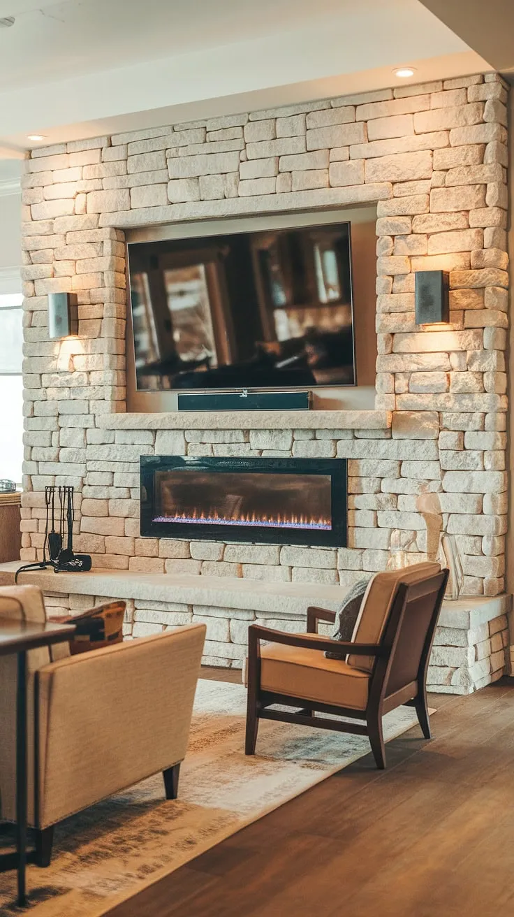 Warmth and sophistication meet in this living room, where a stunning stone TV wall, complete with a built-in fireplace, anchors the space.  The exquisite stone walls and fireplace design create a focal point, perfectly complementing the home cinema setup and overall interior design living room aesthetic. This tv wall design is the ultimate in media wall luxury.