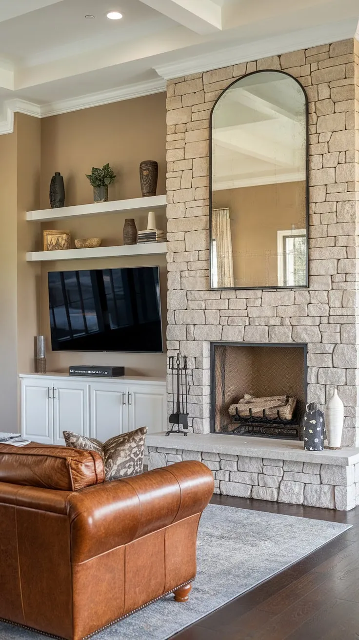 The warmth of the fireplace meets the sleek modernity of the stone TV wall in this breathtaking living room.  The media wall's built-in design seamlessly integrates the television and decorative shelves, while the plush leather sofa invites relaxation.  A testament to exceptional fireplace design and interior design living room, this space is the epitome of comfortable luxury.