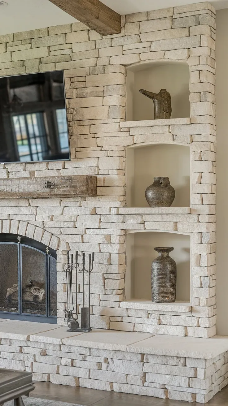 Rustic charm meets modern convenience in this living room. The stunning stone TV wall, a masterpiece of tv wall design, seamlessly integrates the home cinema with the warmth of the fireplace design.  This media wall, crafted from beautiful stone walls, elevates the interior design living room to a new level of sophistication.