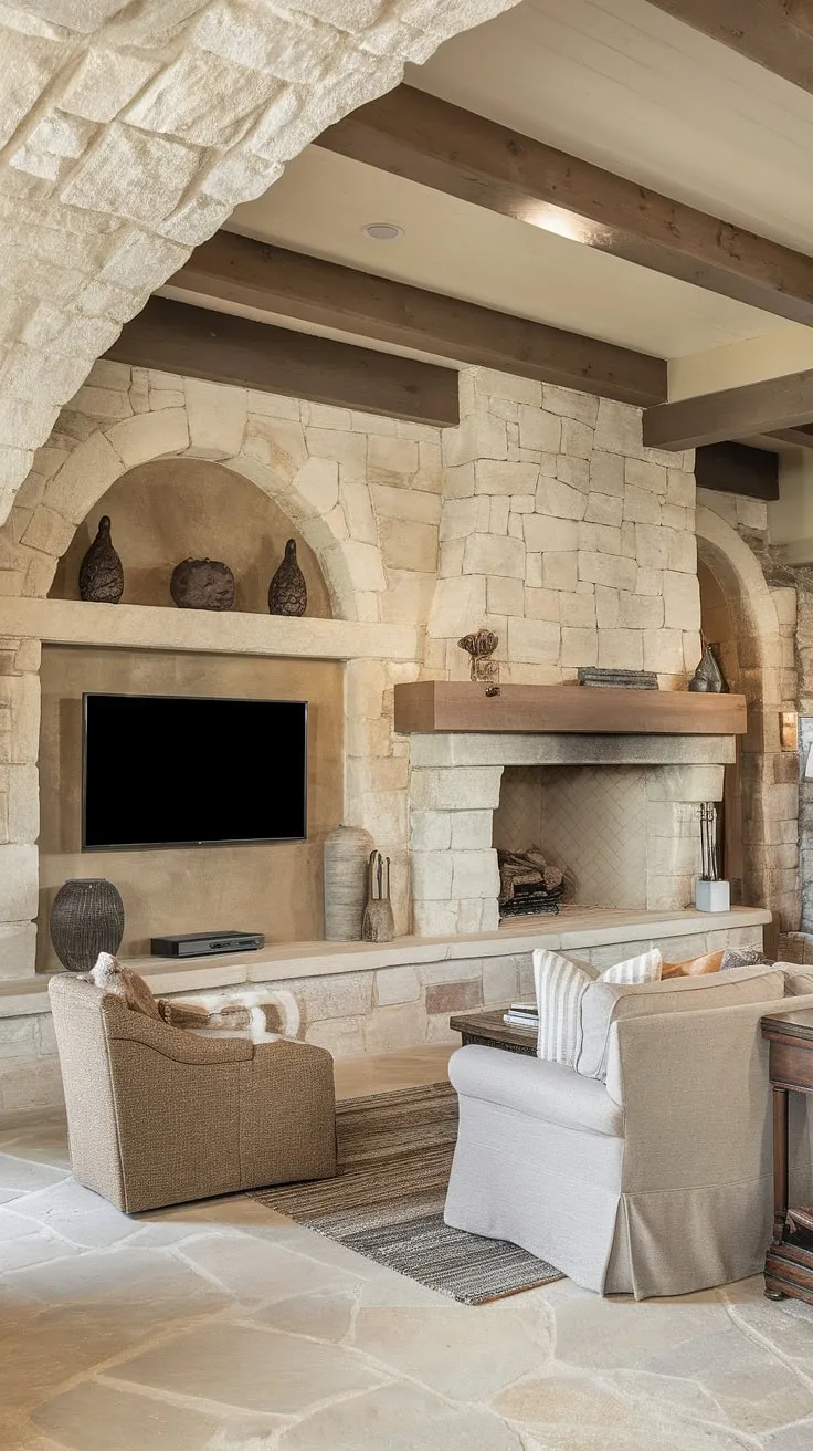 Escape to this rustic haven, where a stunning stone TV wall anchors the living room decor.  The integrated media wall, complete with fireplace design, creates a cozy home cinema experience.  This interior design living room showcases the beauty of stone walls and exemplifies thoughtful tv wall design.