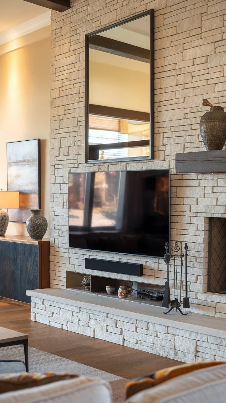 This living room's focal point is undoubtedly the breathtaking stone TV wall, a testament to exceptional media wall and fireplace design.  The built-in TV, shelving, and soundbar create a seamless home cinema experience, while the large mirror above adds depth and light.  The carefully curated living room decor, including the stylish lamp and artwork, completes this sophisticated interior design living room, showcasing the elegance of stone walls.