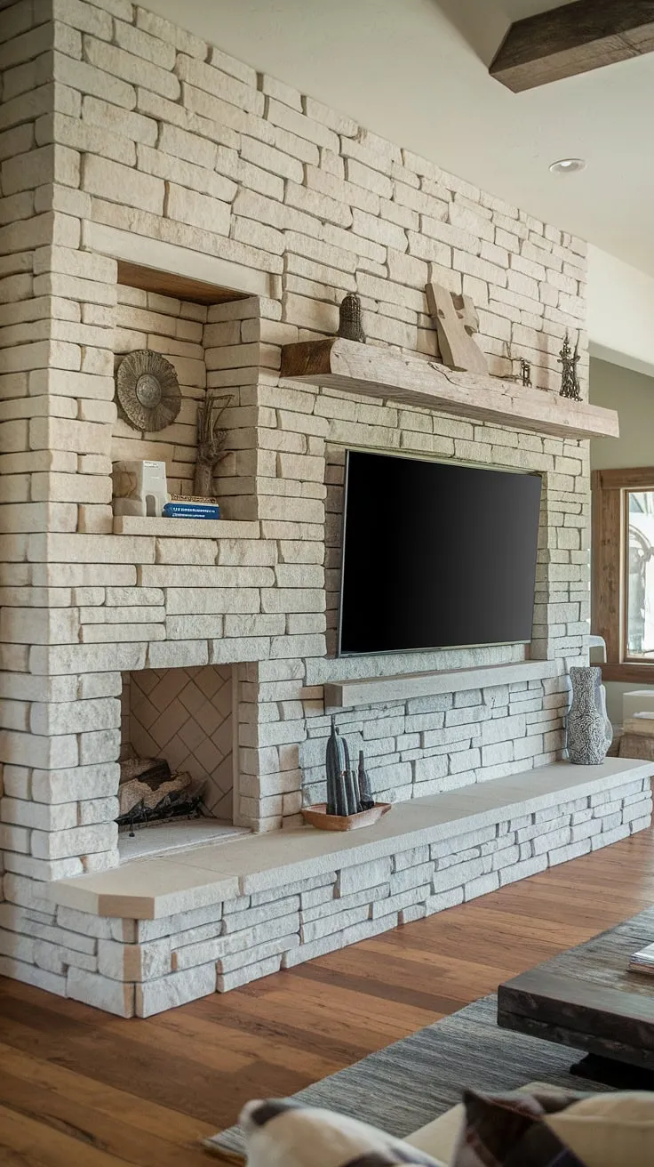 Rustic charm meets modern convenience in this living room. The stunning stone TV wall, a masterpiece of tv wall design, seamlessly integrates a home cinema setup with a cozy fireplace.  The media wall's unique design, featuring both large and small niches, showcases living room decor perfectly.  This interior design living room is a testament to thoughtful fireplace design and the beauty of stone walls.