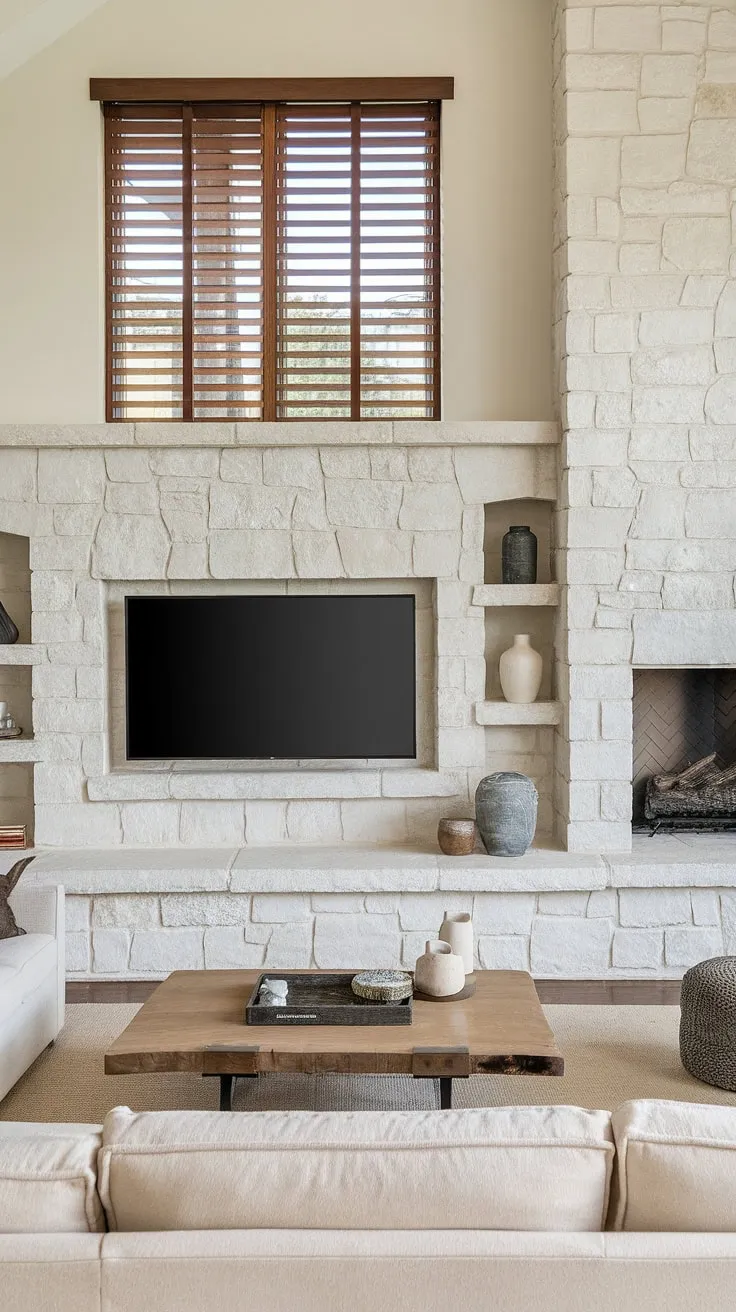 The perfect blend of rustic charm and modern convenience: a breathtaking stone tv wall anchors this living room, showcasing exceptional living room decor.  The stone walls, fireplace design, and thoughtful media wall layout create a cozy yet stylish home cinema setup, a testament to impeccable interior design living room principles.