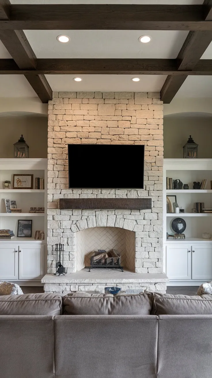 This living room's stone walls are the focal point, a breathtaking stone TV wall featuring a fireplace that sets the perfect ambiance.  The thoughtful tv wall design, including built-in shelving, elevates this living room decor to a new level of sophistication.  The result is a cozy and stylish home cinema, a testament to exceptional interior design living room planning.