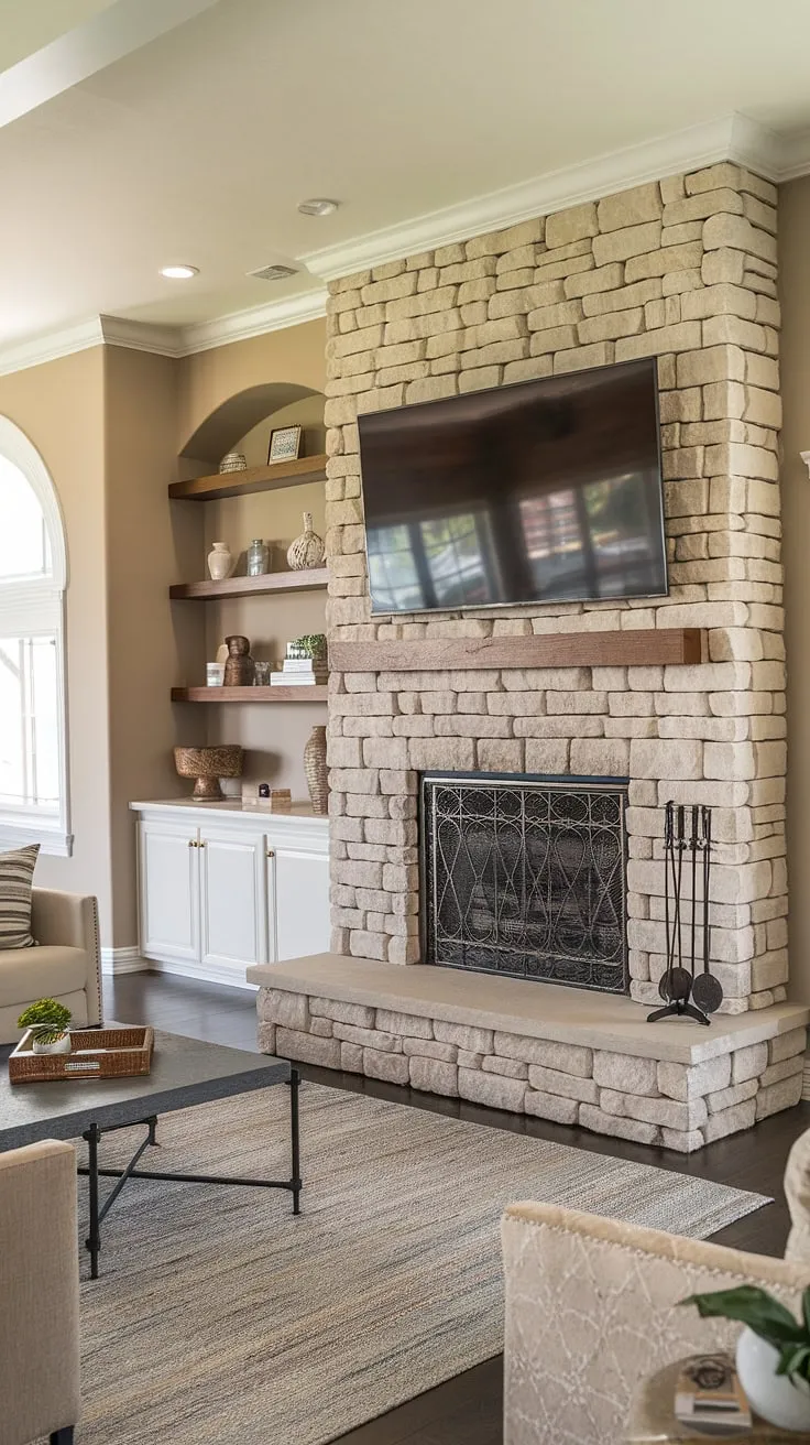 The warmth of the stone fireplace perfectly complements the sleek sophistication of the stone TV wall, creating a stunning focal point in this living room.  This media wall design seamlessly integrates technology and texture, offering the perfect blend of home cinema comfort and elegant interior design living room style.