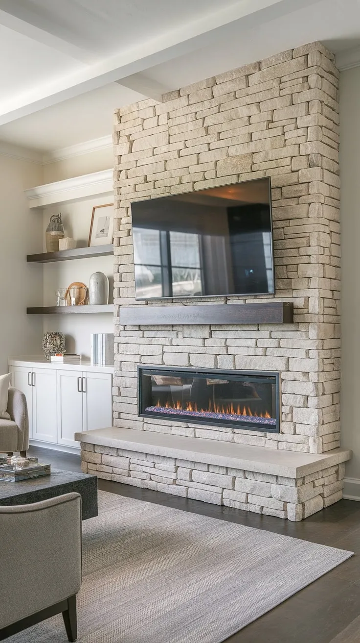 The perfect blend of modern and rustic, this living room's media wall is a masterpiece.  A striking stone tv wall houses a built-in TV and ample shelving, while a beautifully crafted fireplace design sits nestled below. This innovative tv wall design is the heart of the home cinema, enhancing the overall interior design living room and creating a space that's both stylish and inviting. The stone walls add a touch of natural elegance to the living room decor.
