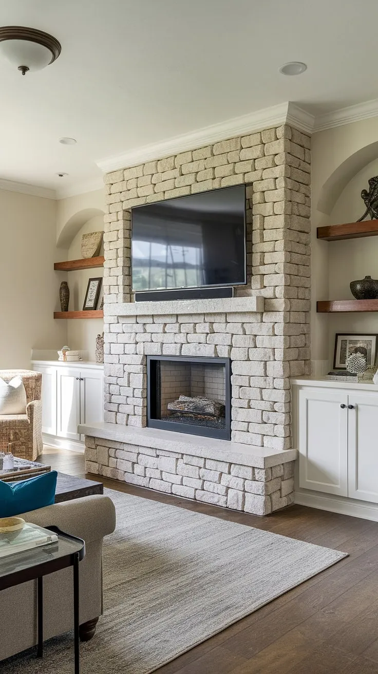 This stunning stone TV wall transforms the living room into a cozy home cinema.  The exquisite fireplace design, integrated shelving, and meticulous interior design living room details create a space where relaxation and entertainment seamlessly blend.  The sophisticated tv wall design and stone walls are the focal point of this living room decor.