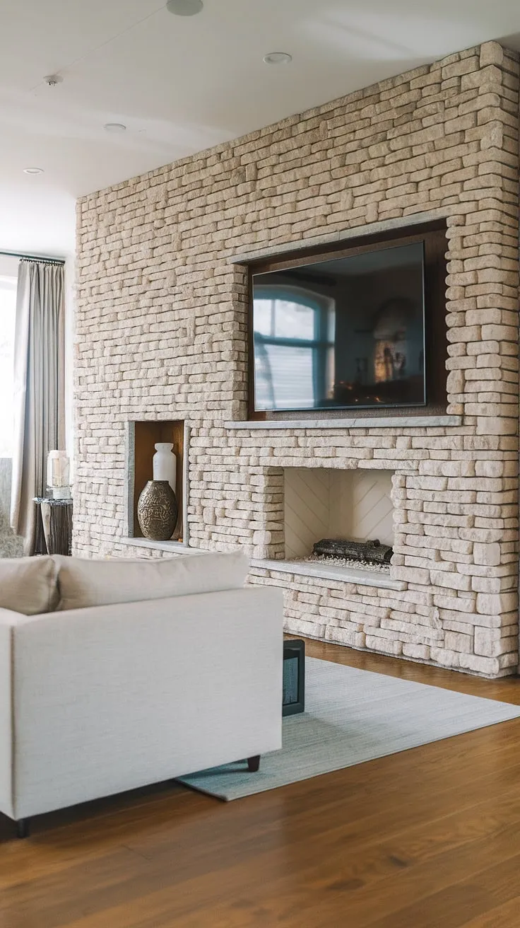 The rustic charm of the stone walls meets modern elegance in this living room.  The thoughtfully designed media wall, featuring a striking stone TV wall and a cozy fireplace, is the heart of this home cinema setup.  This interior design living room showcases a perfect blend of textures and functionality, making it the ultimate space for relaxation and entertainment.