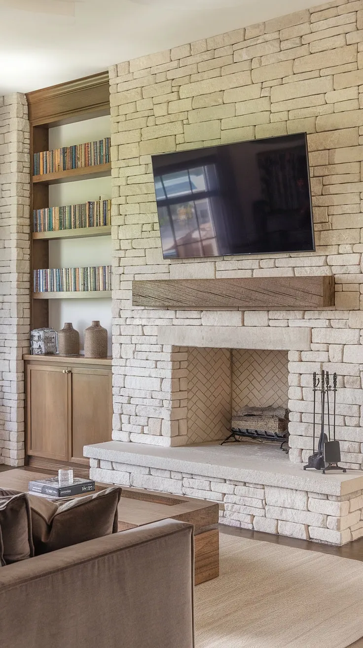 The textured stone walls create a dramatic backdrop for this living room decor, showcasing a sophisticated tv wall design.  The stone TV wall anchors the room, with the built-in fireplace and mounted TV forming a striking media wall.  The plush grey sofa and wooden coffee table complete this inviting home cinema, a testament to exceptional interior design living room style.