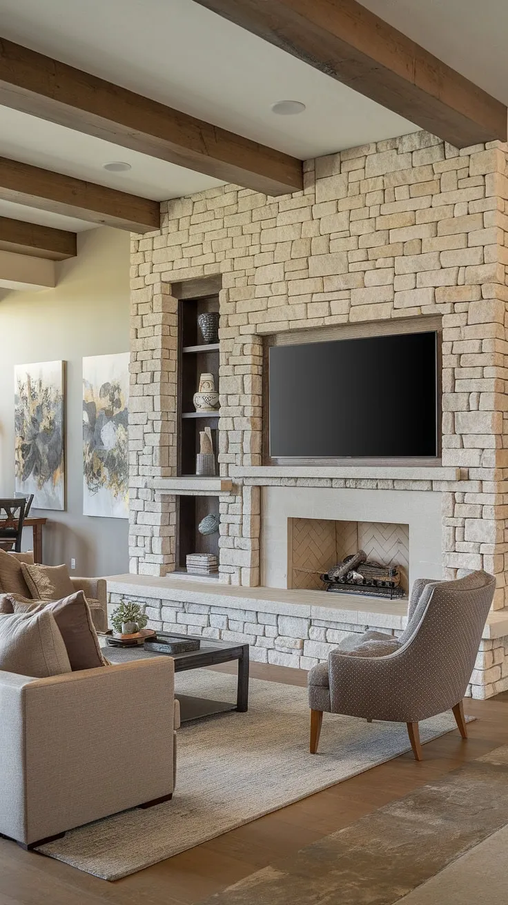 This living room's stunning stone TV wall, a masterpiece of tv wall design, seamlessly integrates the home cinema with the cozy fireplace design.  The media wall's built-in shelves and stone walls create a sophisticated living room decor, showcasing exceptional interior design living room style.