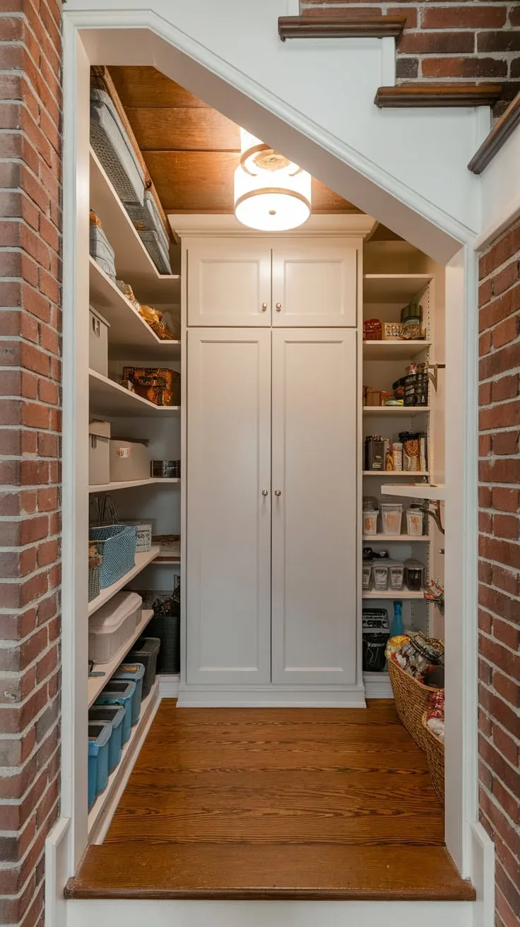 Neatly arranged items fill the well-lit under-stair storage space with deep cabinets and shelving.