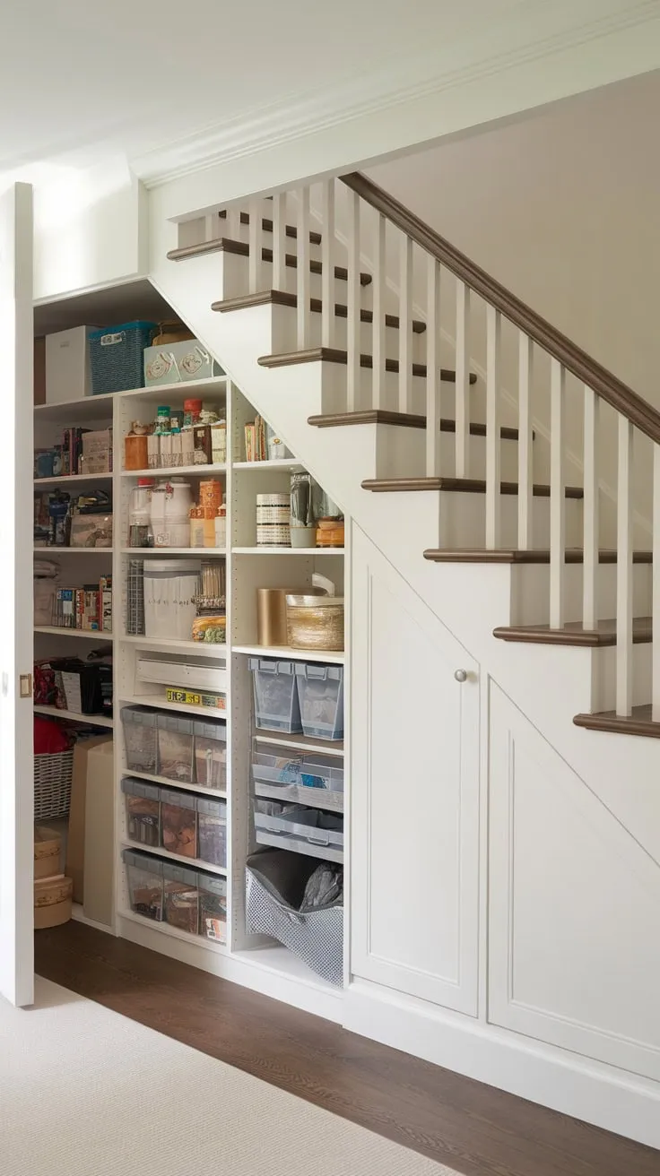 Maximize your home's storage with a meticulously organized under-stairs room featuring custom shelving and a clear bin pantry system.