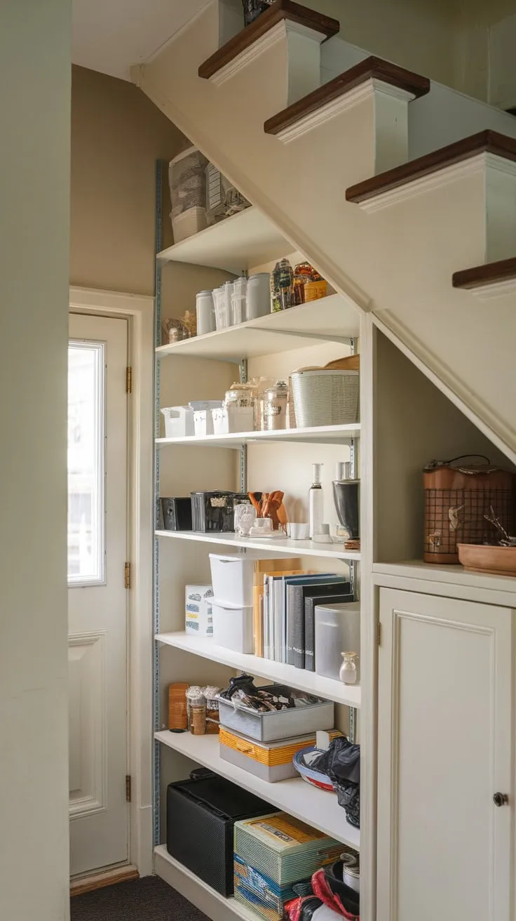 A charming under-stair storage room boasts ample shelving, a small cabinet, and a touch of natural light from a nearby window