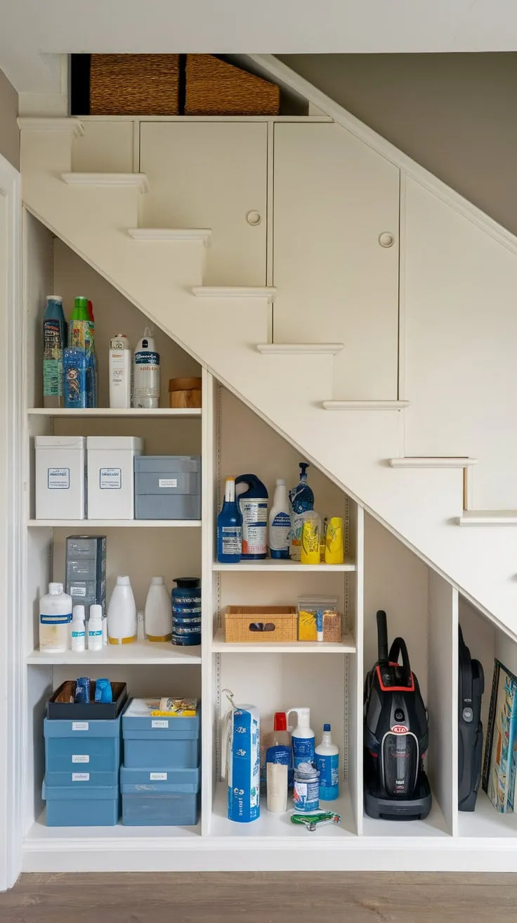A bespoke under-stairs cabinet system maximizes space, neatly storing everything from boxes to cleaning supplies.