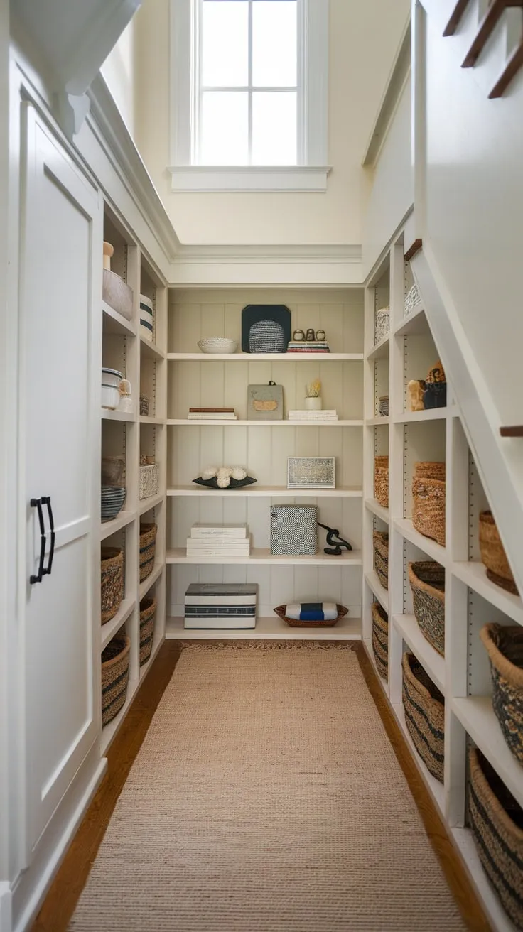 A charming white cabinet brimming with decorative items maximizes under-stair storage space