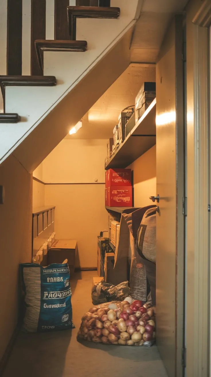 Cozy under-stair storage holds boxes, a shelf, and a floor-to-ceiling supply of potatoes and onions.