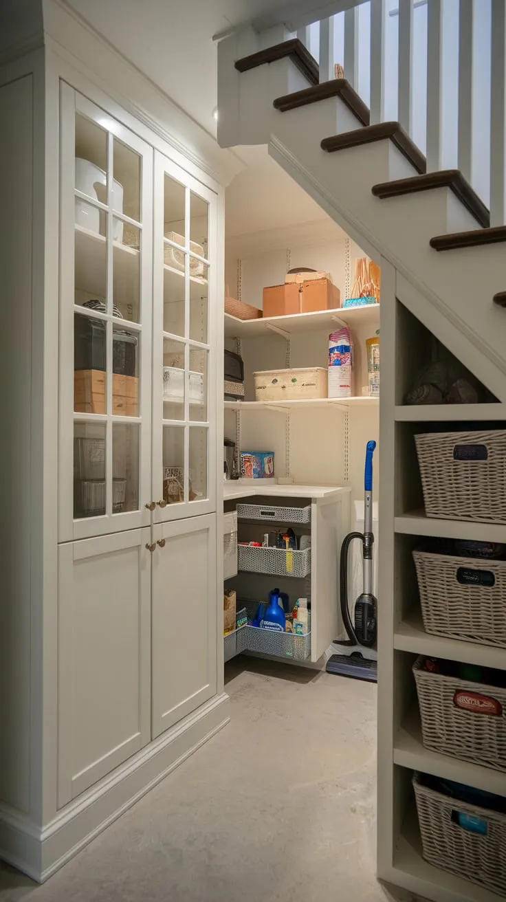 Transform unused under-stair space into a bright, organized storage haven with custom cabinetry, shelving, and ample room for cleaning supplies and more